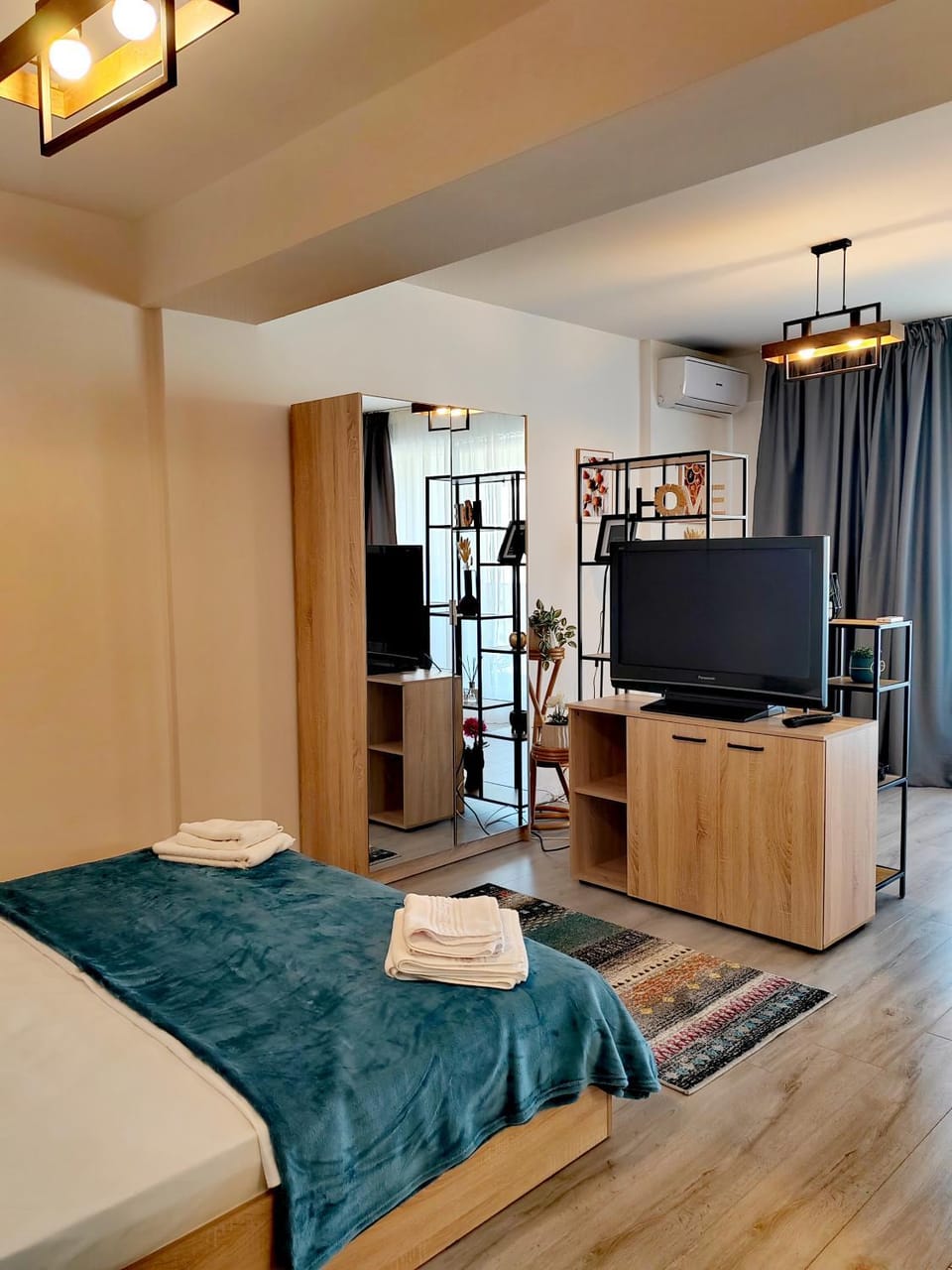 Bed, wardrobe