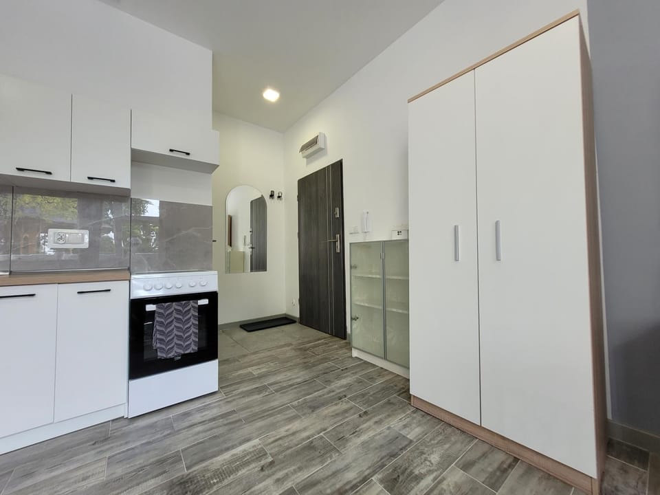 Kitchen or kitchenette, stove