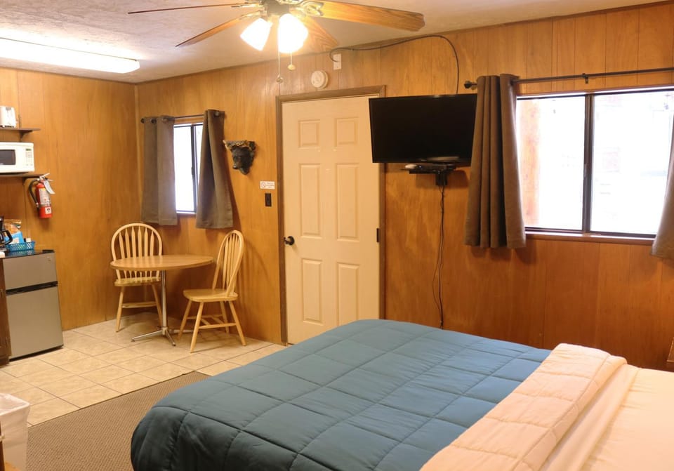 Bed, TV and multimedia, Kitchen or kitchenette, Seating area, Dining area, Bedroom, furniture, microwave