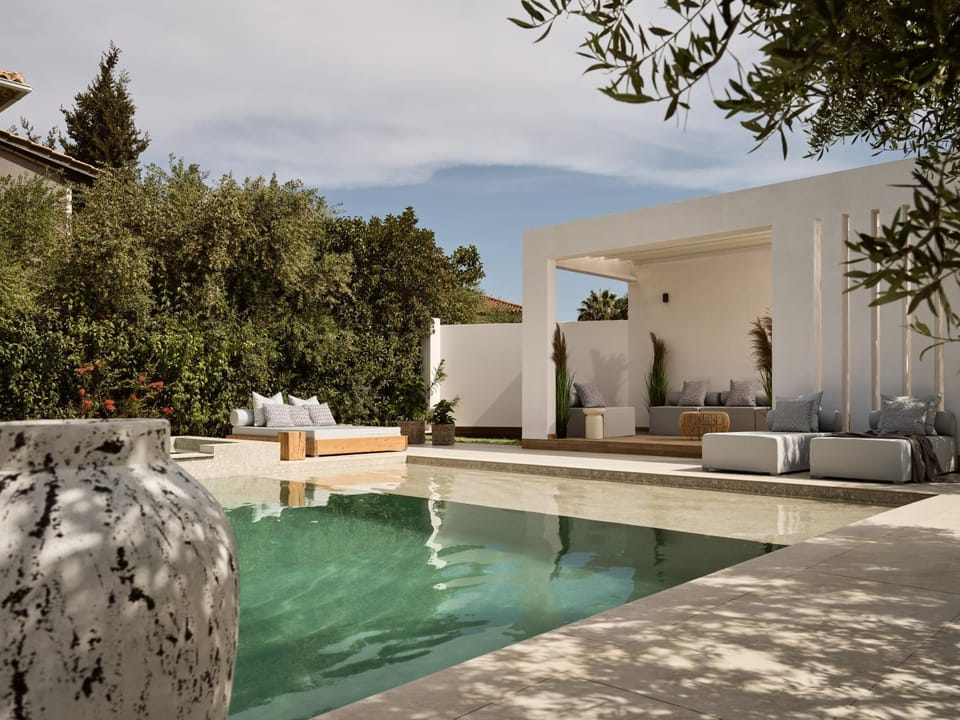 Property building, Patio, Day, Natural landscape, Garden, Garden view, Pool view, Swimming pool, sunbed