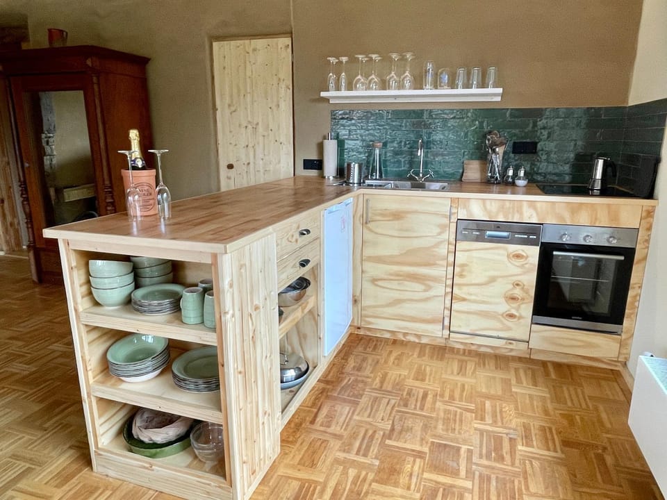Kitchen or kitchenette, dishwasher, oven, stove
