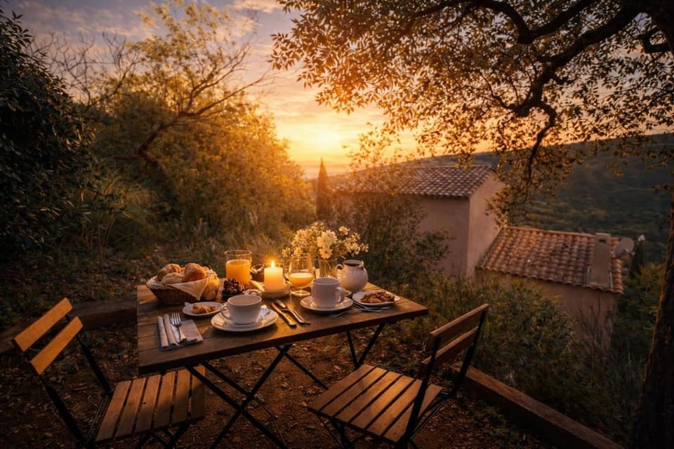 Patio, Spring, Day, Natural landscape, Food and drinks, Dining area, Food, Mountain view, Sunrise, Sunset