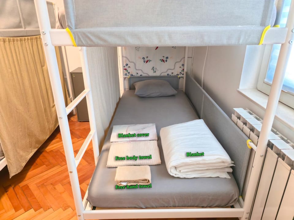 Bed, Photo of the whole room, Bedroom, bunk bed, towels, wardrobe