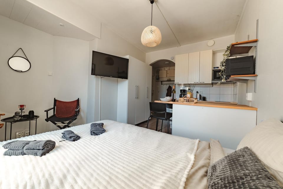 Bed, TV and multimedia, Kitchen or kitchenette, Photo of the whole room, Seating area, oven