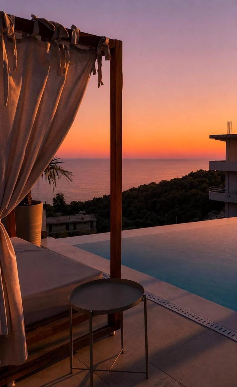 Natural landscape, Pool view, Sea view, Swimming pool, Sunset