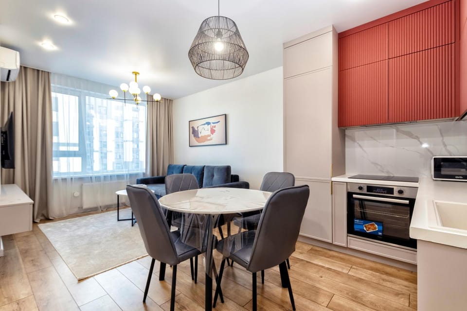 Kitchen or kitchenette, Living room, Seating area, Dining area, stove