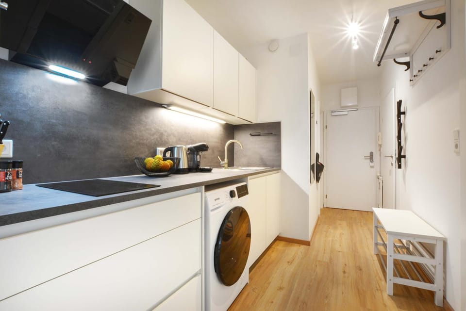 Kitchen or kitchenette, stove, washing machine