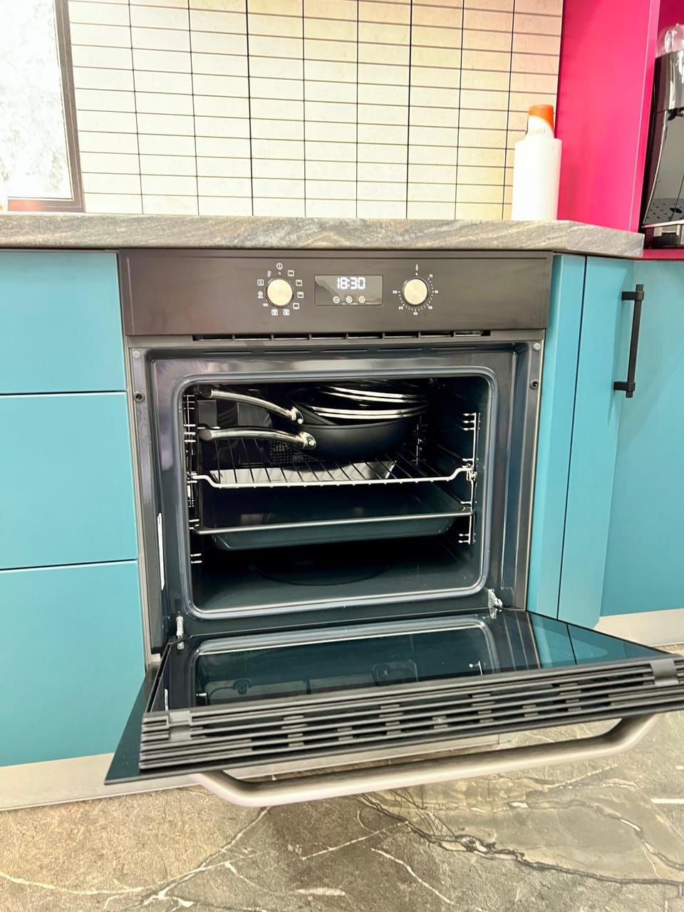 Kitchen or kitchenette, stove