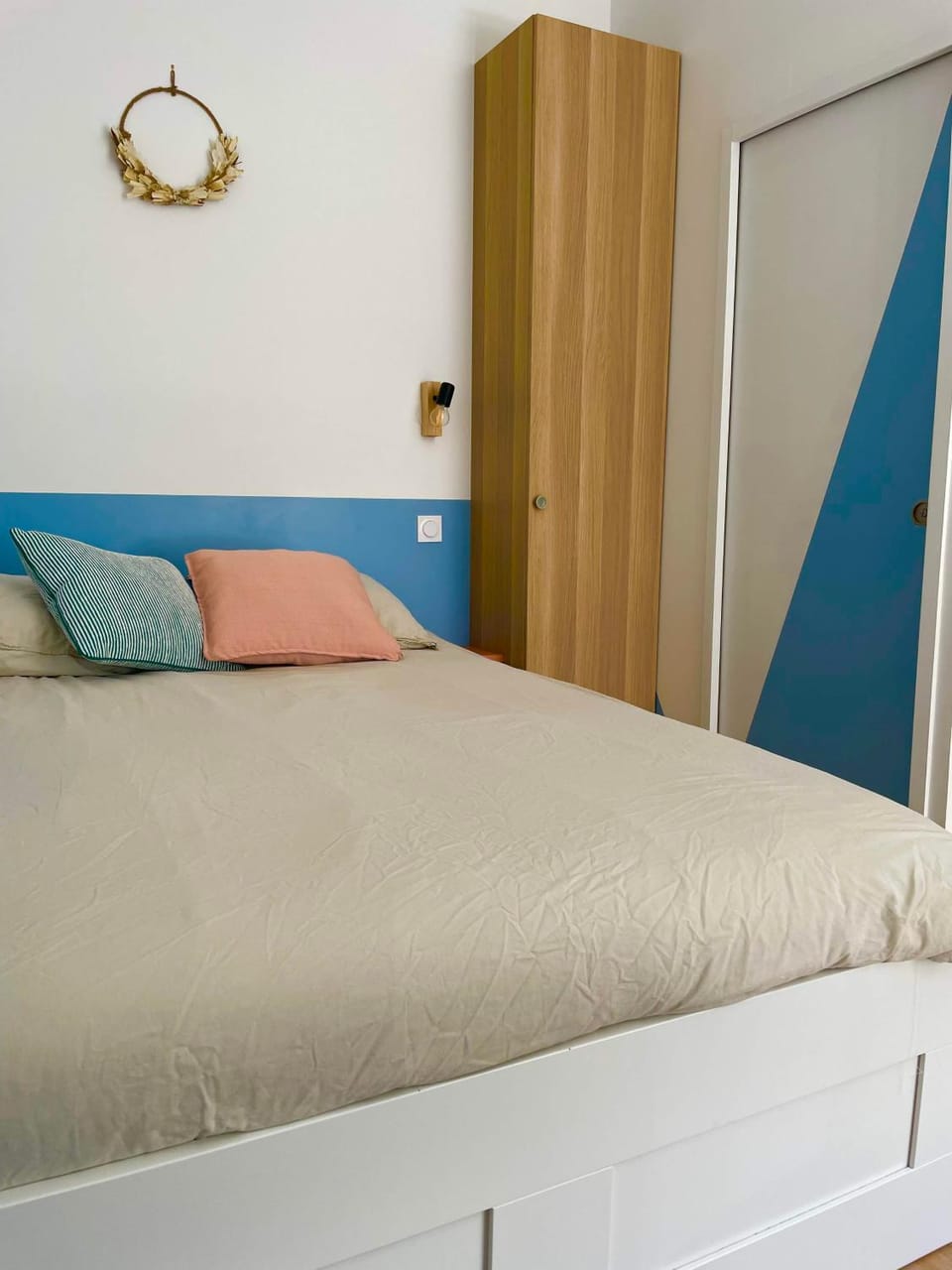 Bed, wardrobe