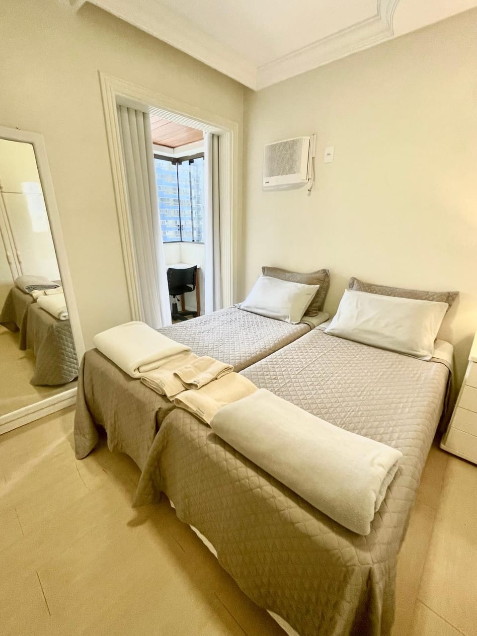 Bed, Photo of the whole room, Bedroom, towels, air conditioner