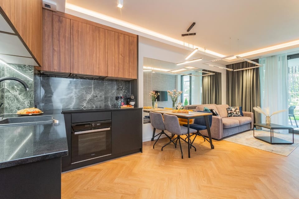 Kitchen or kitchenette, Living room, Seating area, stove