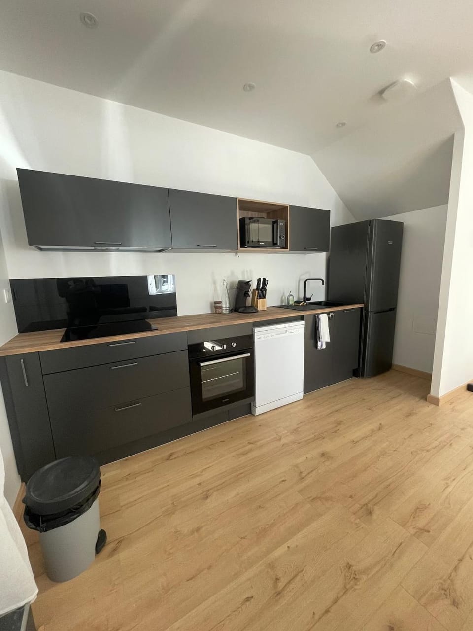 Kitchen or kitchenette, dishwasher, oven, stove
