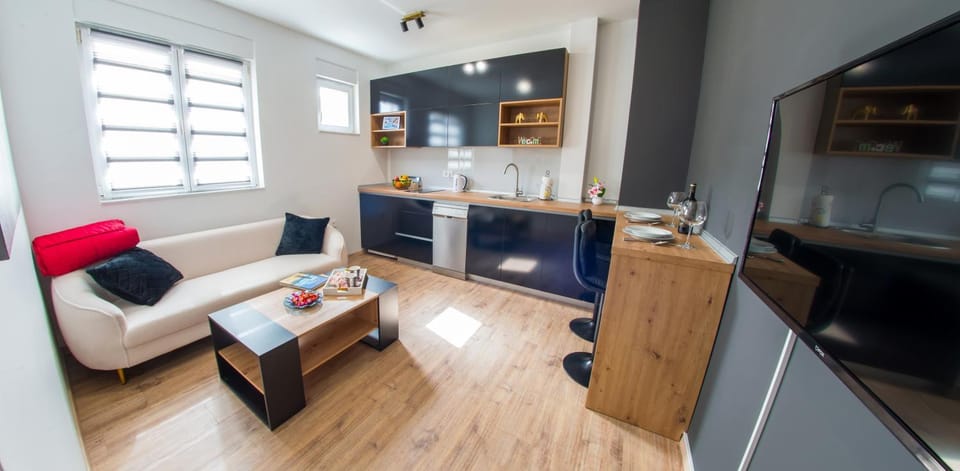TV and multimedia, Kitchen or kitchenette, Living room, Seating area, Dining area, dishwasher, stove