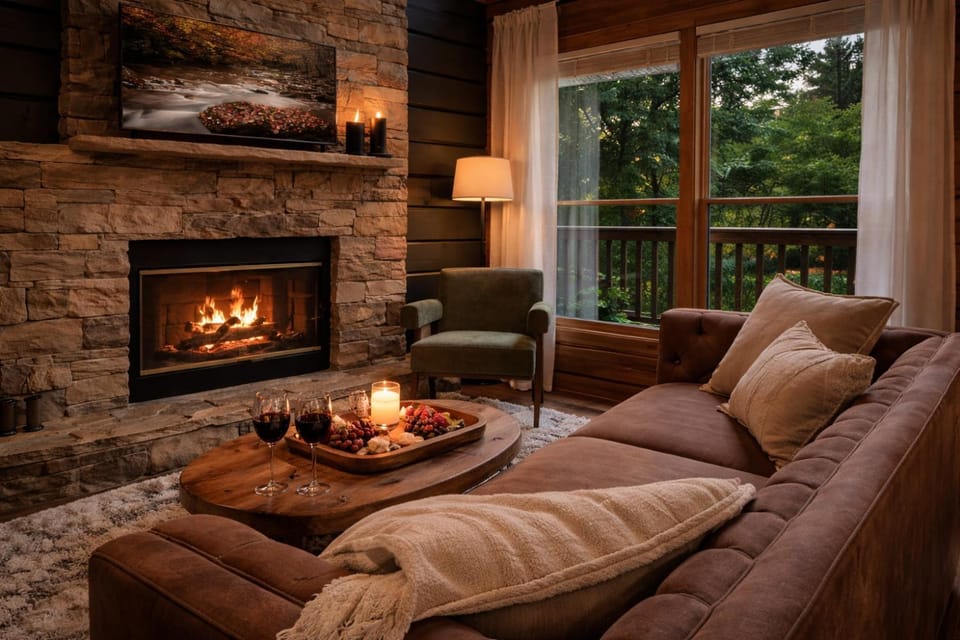 Natural landscape, View (from property/room), Balcony/Terrace, Living room, Seating area, fireplace