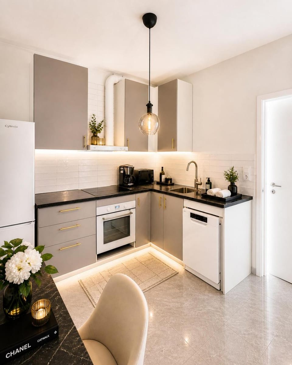 Kitchen or kitchenette, dishwasher, oven, stove