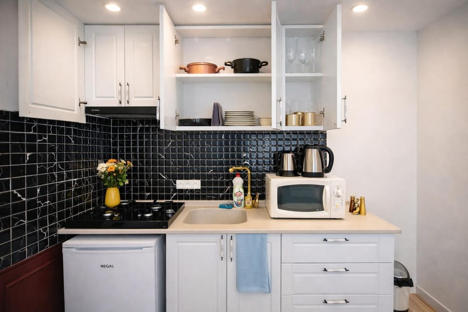 Kitchen or kitchenette, stove