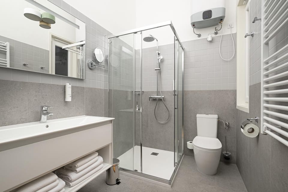 Shower, Toilet, hair dryier, towels