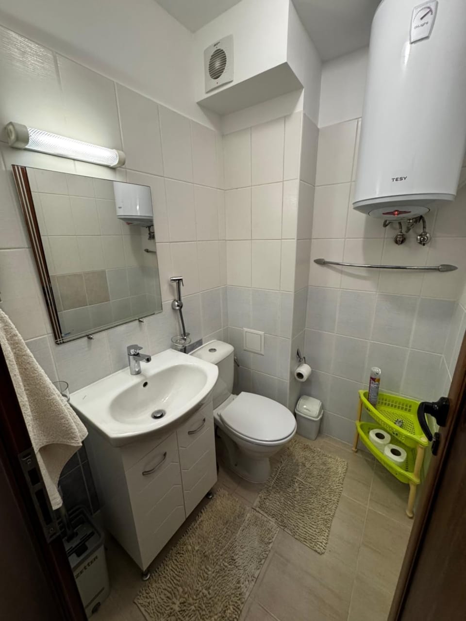 Toilet, bidet, towels