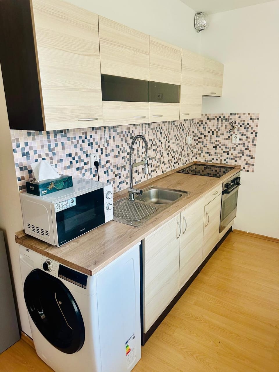 Kitchen or kitchenette, oven, washing machine