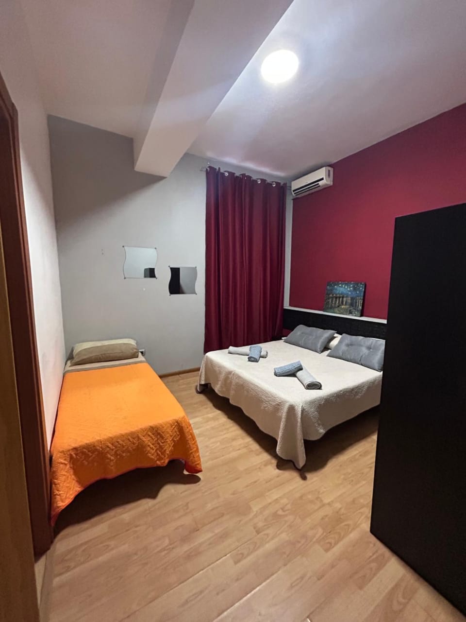 Bed, Photo of the whole room, Bedroom, towels, air conditioner