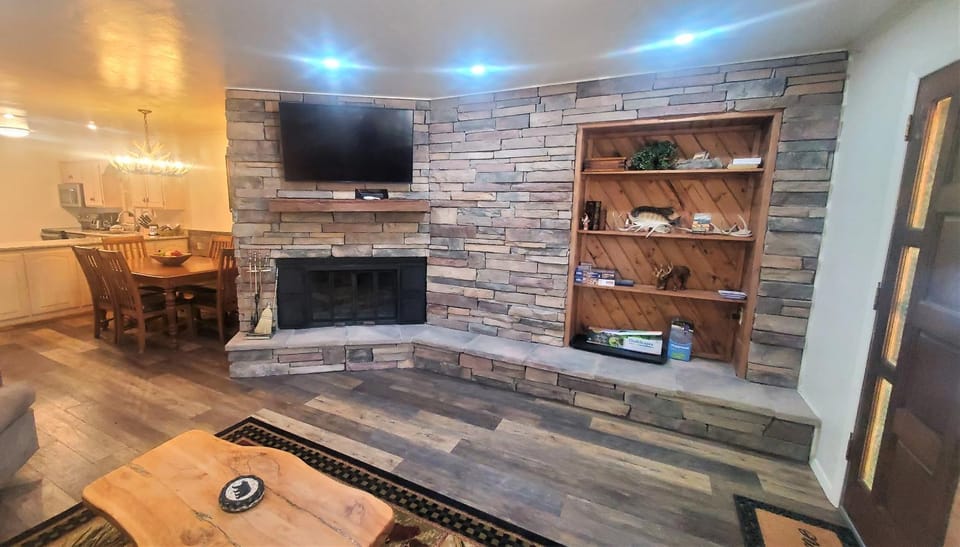 TV and multimedia, Kitchen or kitchenette, Living room, Dining area, fireplace, furniture