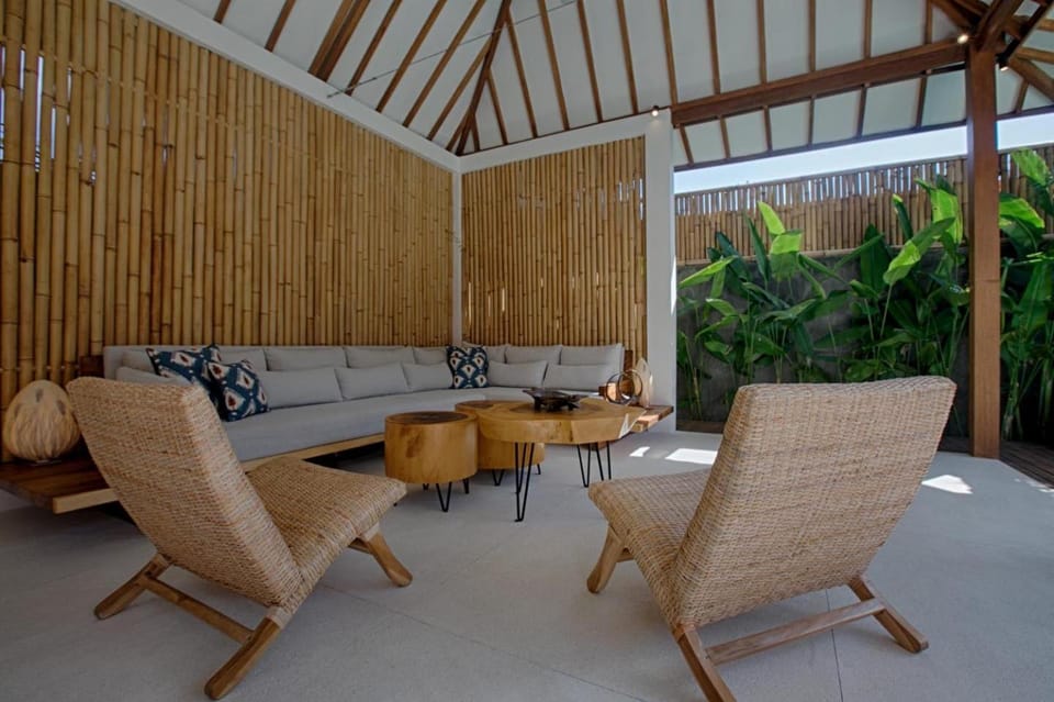 Living room, Seating area, Pool view