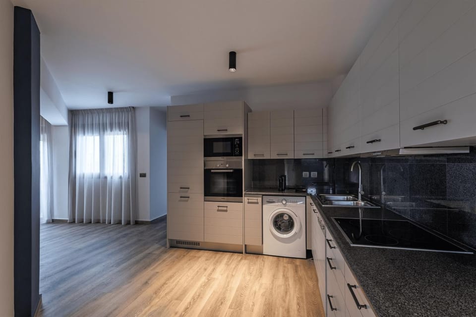 Kitchen or kitchenette, dishwasher, stove, washing machine, dryer