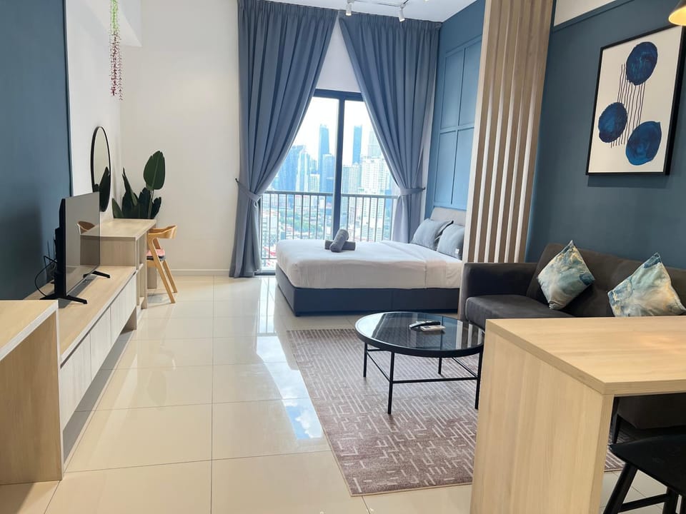 Bed, Living room, Seating area, Bedroom
