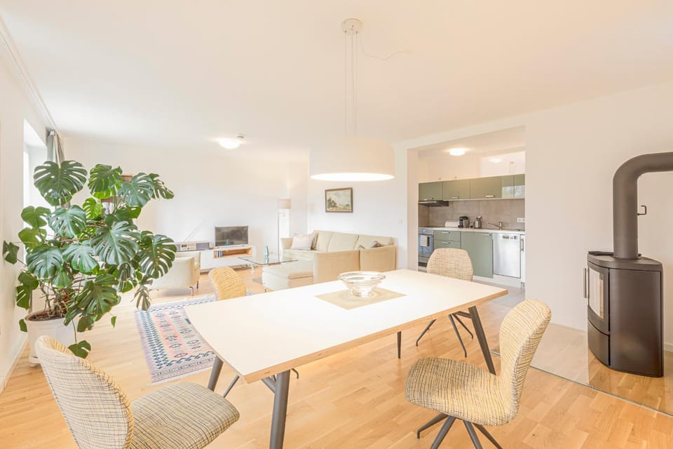 Kitchen or kitchenette, Living room, Seating area, Dining area, oven