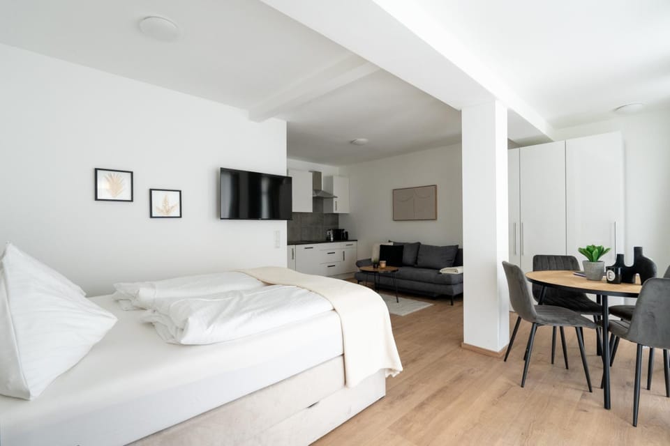 Bed, TV and multimedia, Kitchen or kitchenette, Living room, Photo of the whole room, Seating area, Dining area, Bedroom