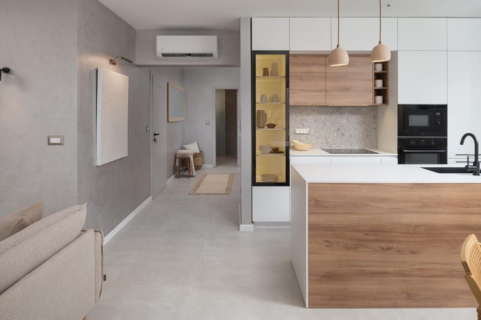 Kitchen or kitchenette, oven, stove, air conditioner