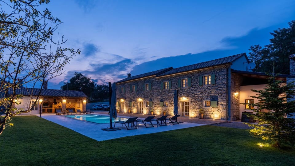Property building, Night, Garden, Garden view, Pool view, Swimming pool