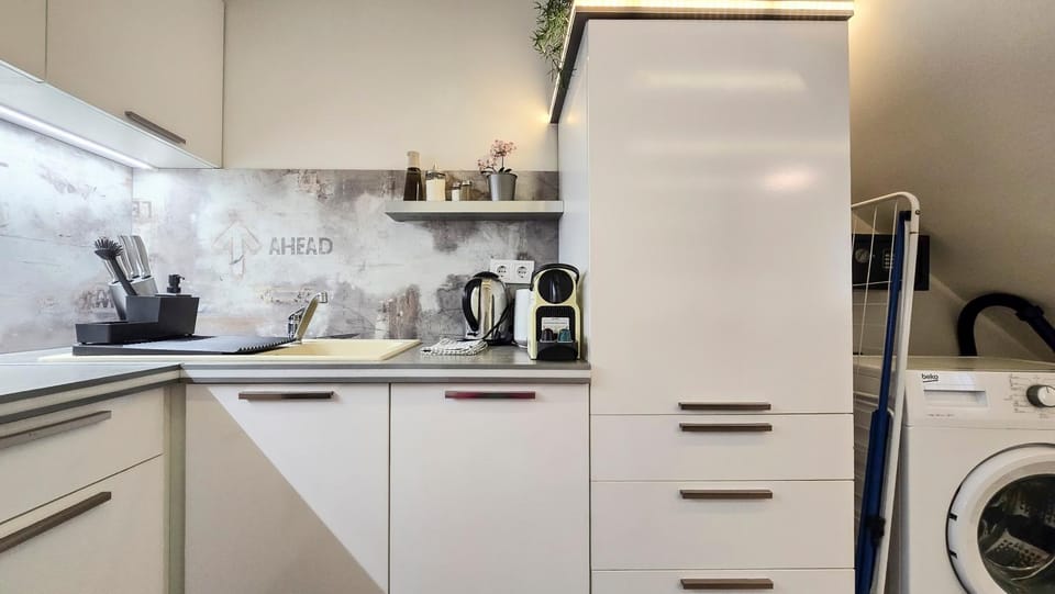 Kitchen or kitchenette, stove, toaster, washing machine