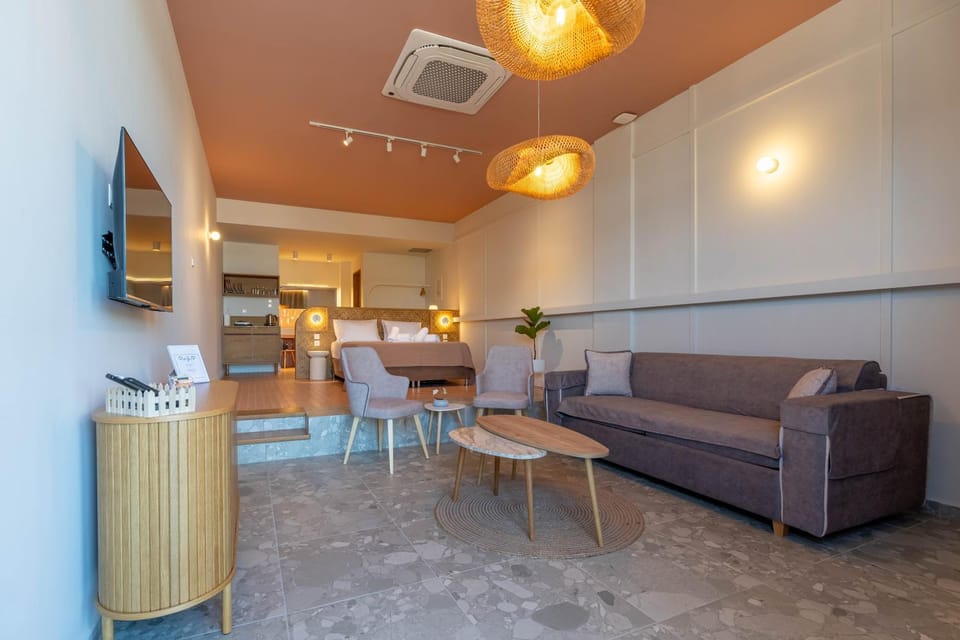 Bed, TV and multimedia, Kitchen or kitchenette, Living room, Seating area, air conditioner, air conditioner