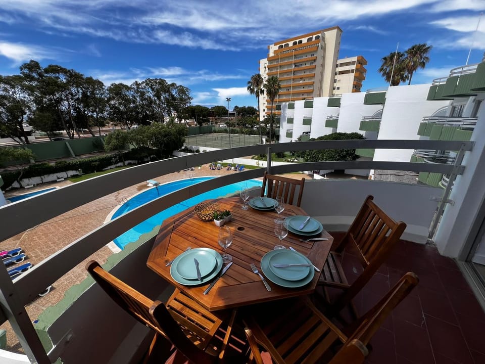 Property building, Patio, Day, View (from property/room), Balcony/Terrace, Dining area, Pool view, Swimming pool, sunbed