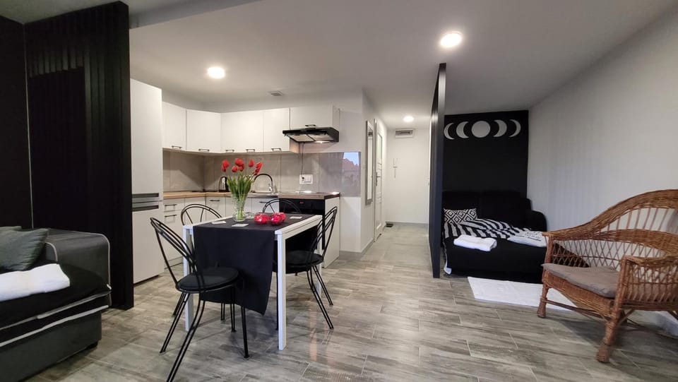 Kitchen or kitchenette, Living room, Seating area, Dining area