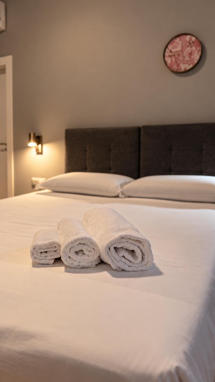 Bed, Photo of the whole room, Bedroom, towels