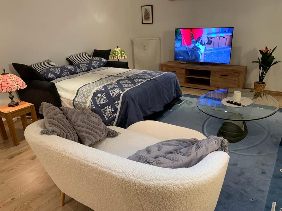 Bed, TV and multimedia, Living room, Photo of the whole room, Decorative detail, Seating area, Text overlay, air conditioner