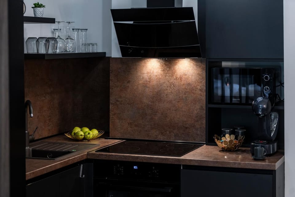 Kitchen or kitchenette, stove