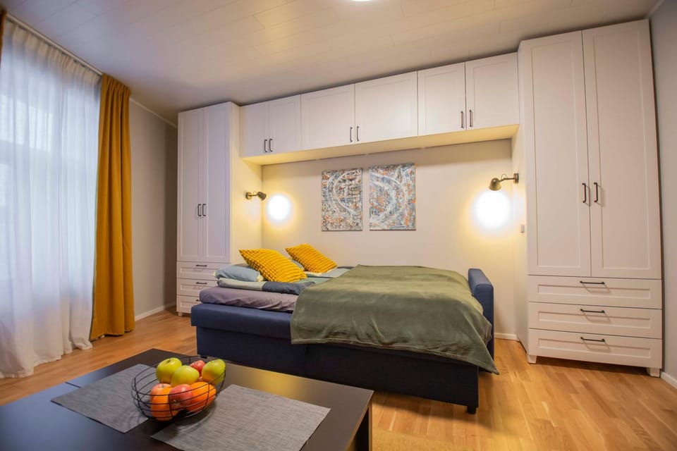 Bed, Living room, Seating area