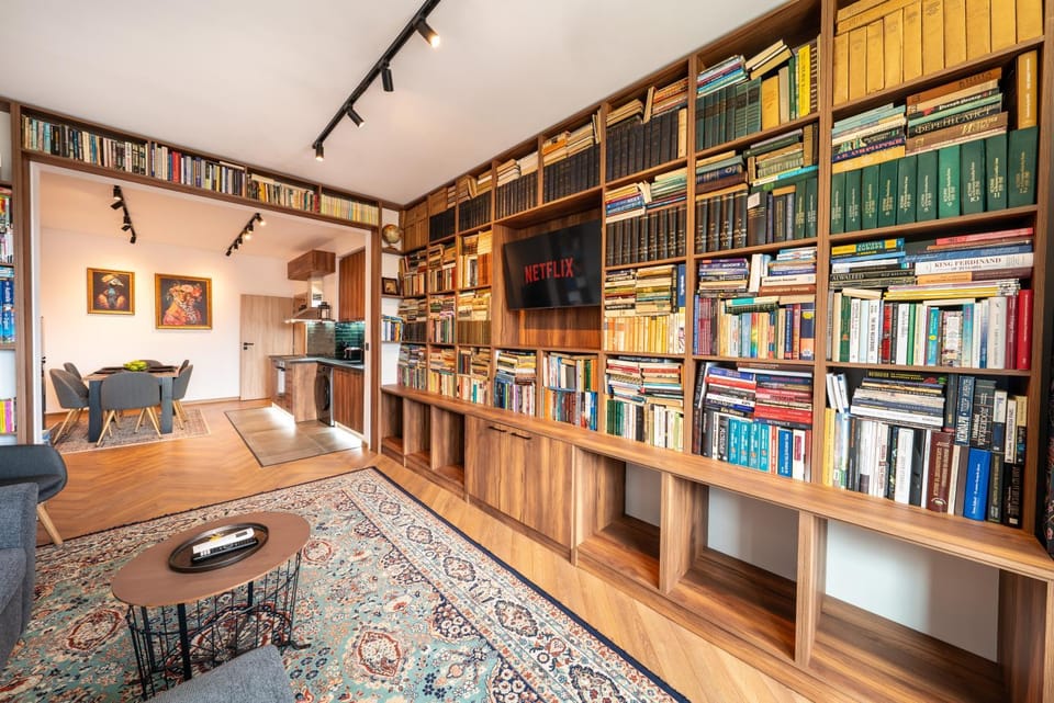 Library, Library, Living room, Text overlay