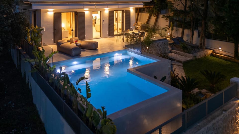 Property building, Night, Garden, Pool view, Swimming pool