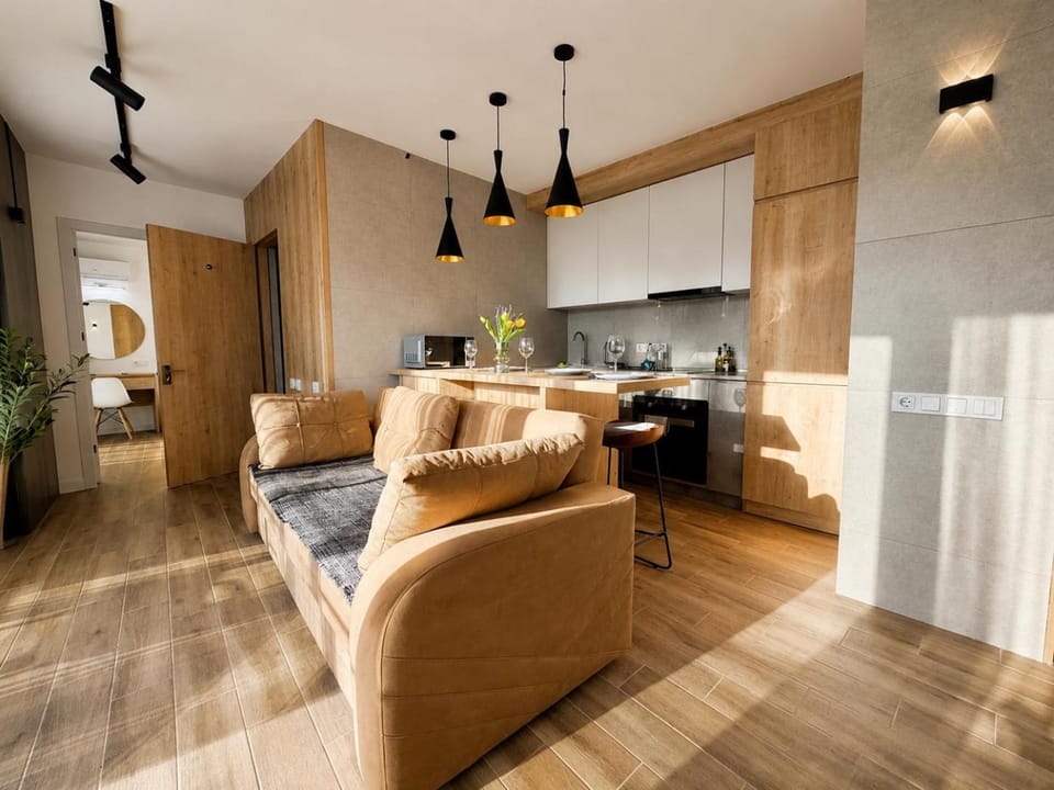 Kitchen or kitchenette, Living room, Seating area, Dining area