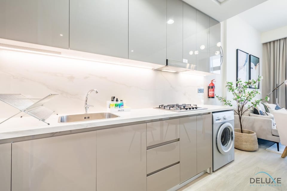 Kitchen or kitchenette, stove, washing machine