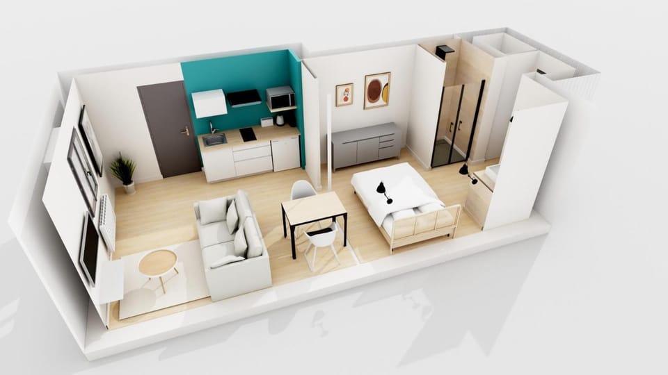 Bed, Bird's eye view, TV and multimedia, Photo of the whole room, Bedroom