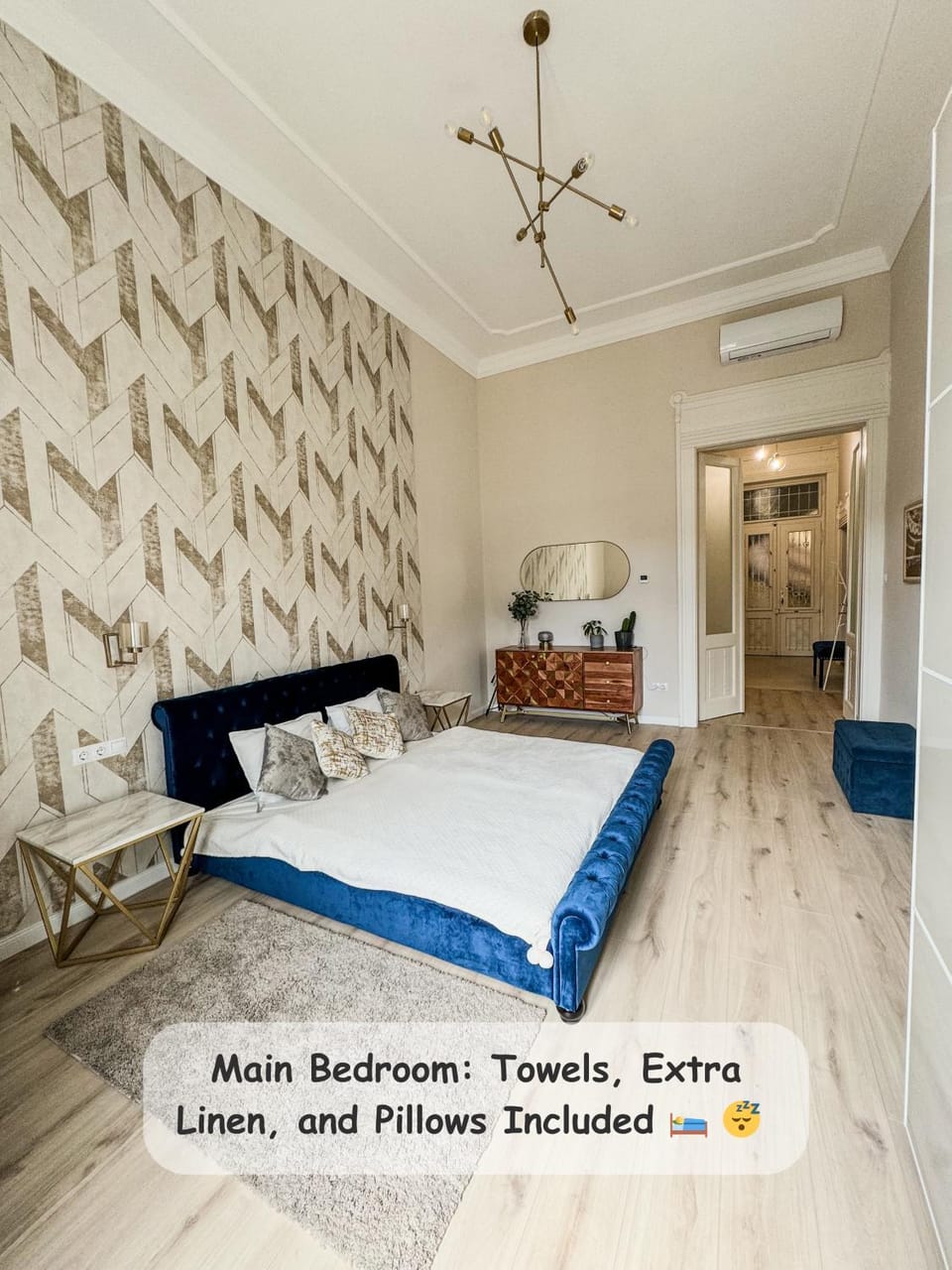 Photo of the whole room, Bedroom, towels, air conditioner