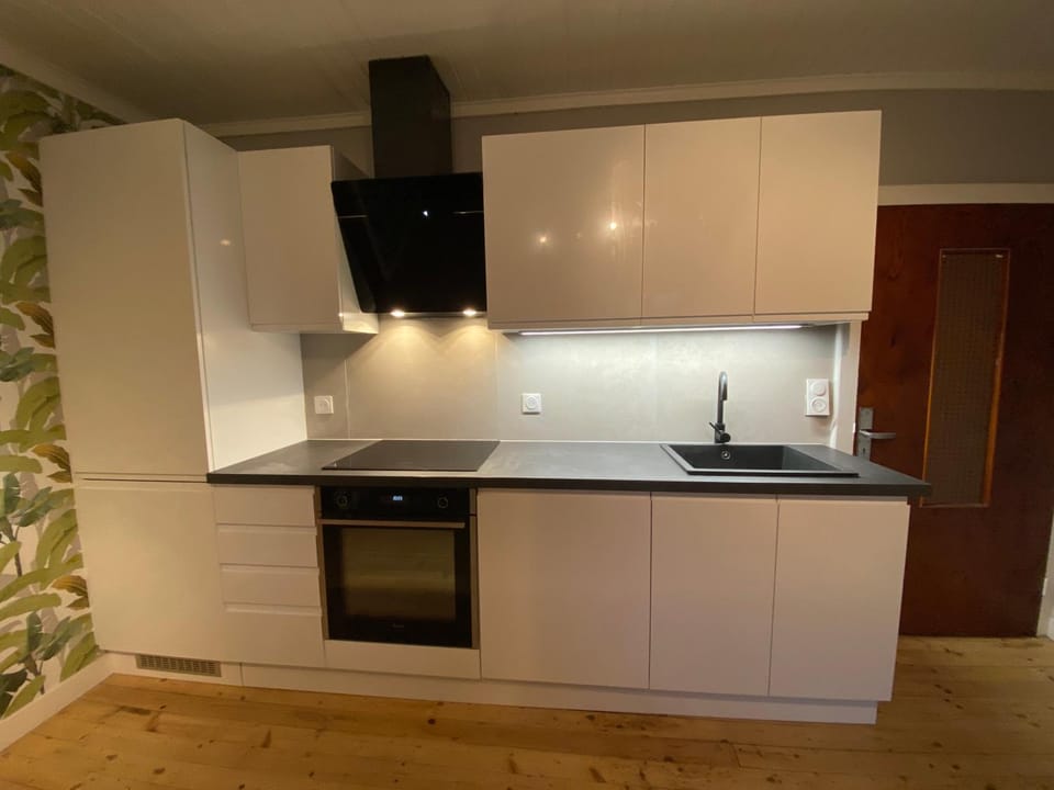 Kitchen or kitchenette, dishwasher, oven, stove