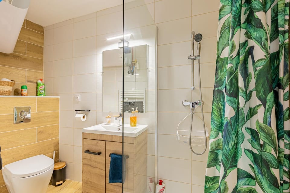 Shower, Toilet, Bathroom, hair dryier, towels