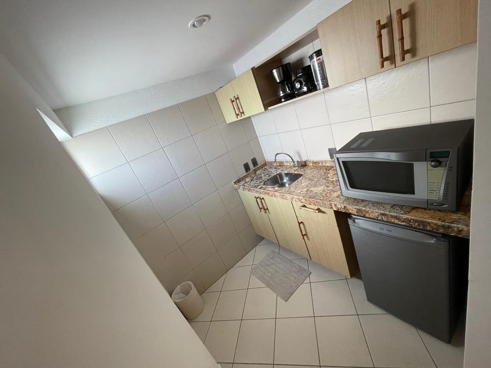 Kitchen or kitchenette, microwave, minibar, stove