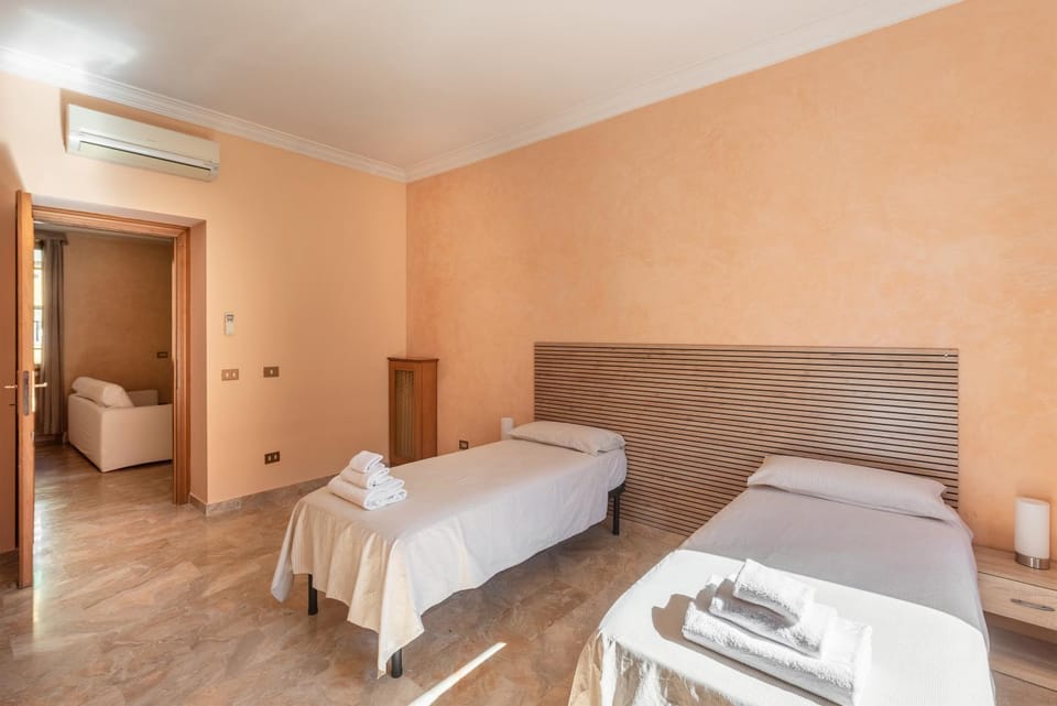 Photo of the whole room, Bedroom, towels, air conditioner